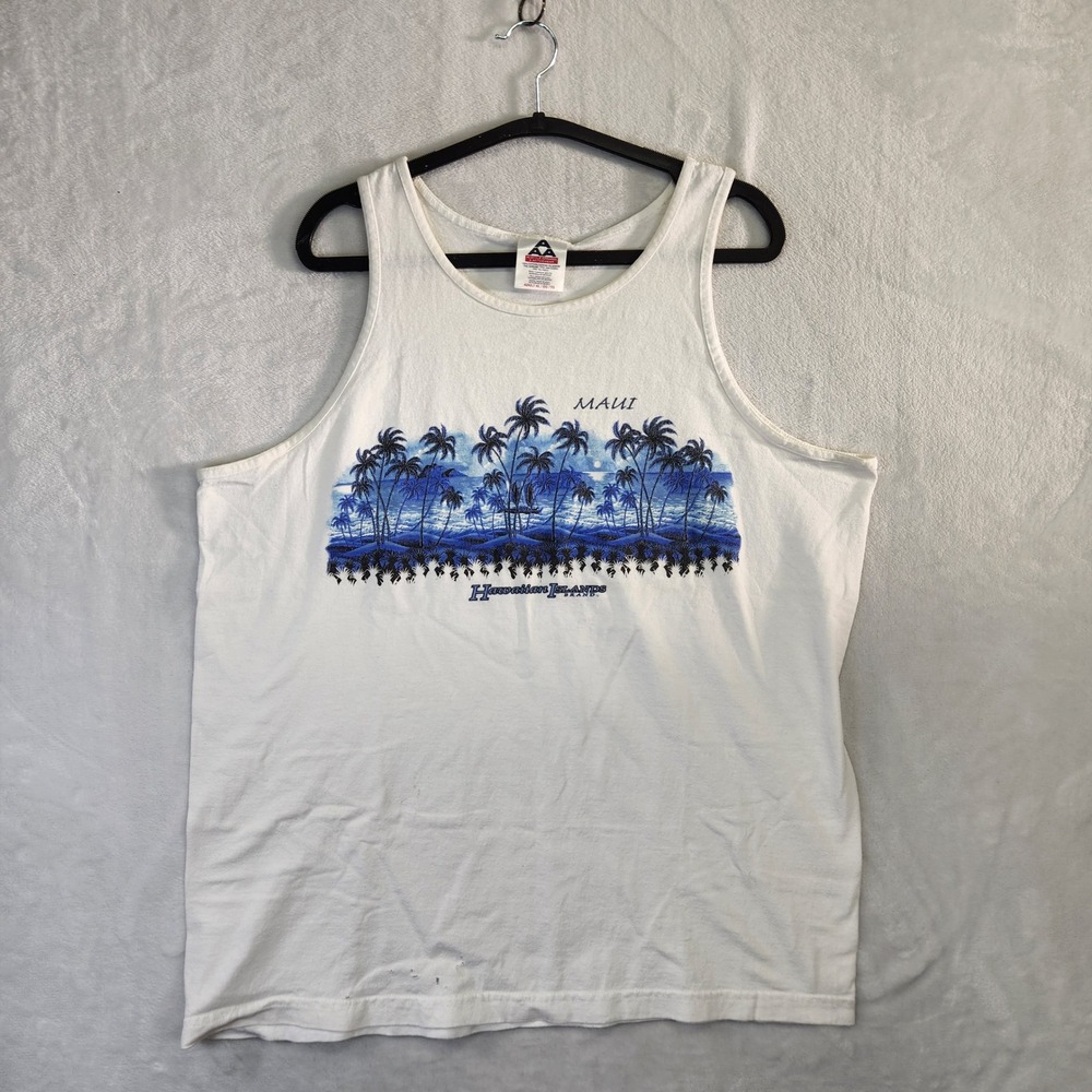 Hawaiian Islands Maui Tank Top Men's XL White Palm Tree‎ Beach Graphic Tee